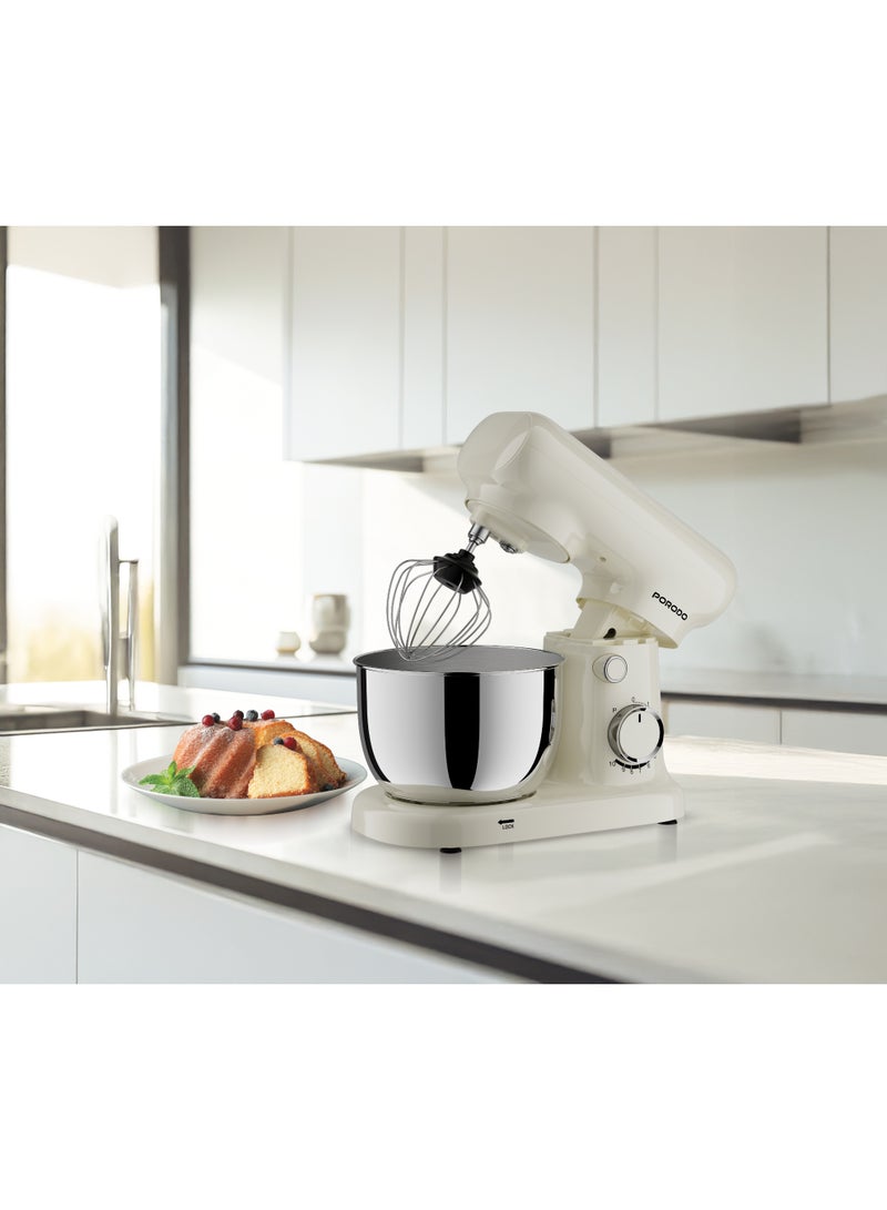 بورودو خلاط كهربائي منزلي (عجانة) برأس مائل، وعاء ستانلس ستيل سعة 2 لتر، 3 رؤوس ملحقة (مخفقة ستيل، مضرب مسطح، خطاف عجين)، صانعة كيك بقوة 400 واط، 10 مستويات للسرعة - أبيض - Image 4